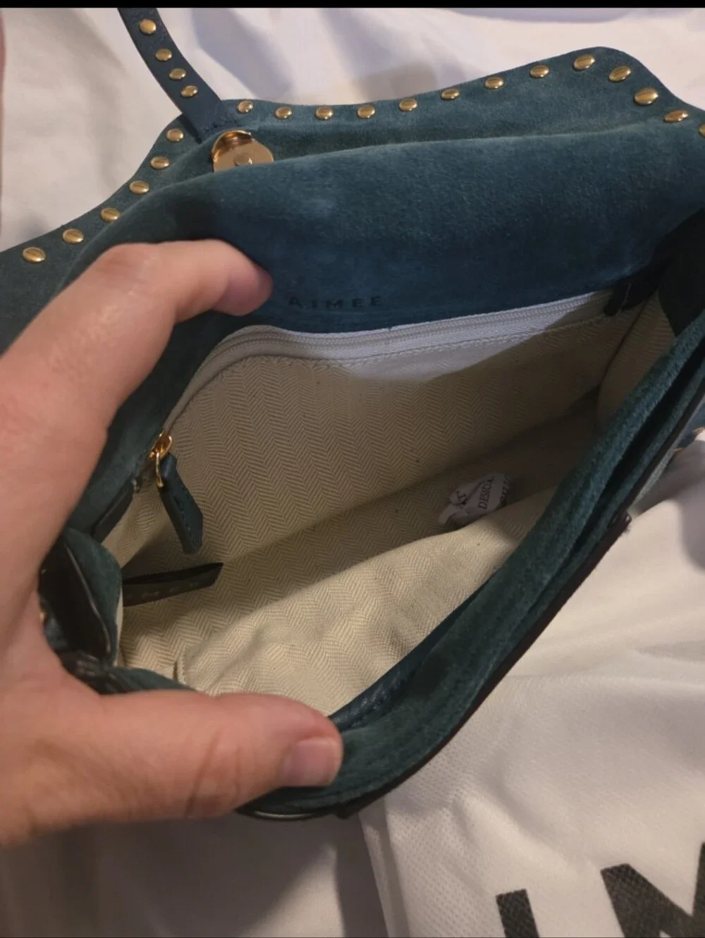 NWT Aimee Kestenberg Amour Baguette Teal Suede Studded Shoulder Bag